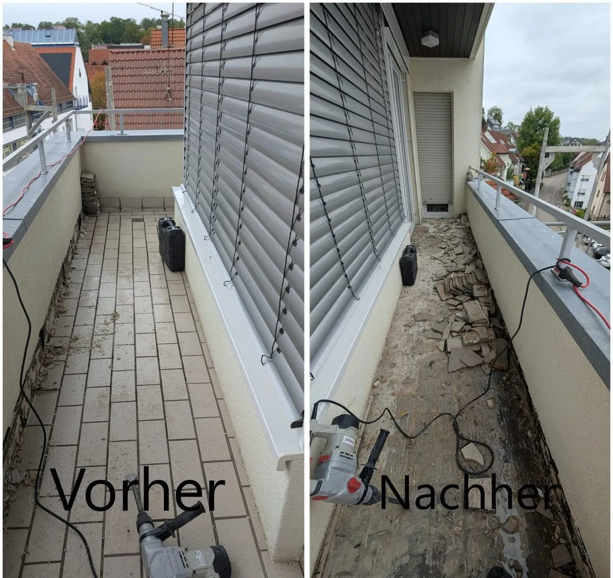 Balkon – Fliesen abgestemmt und Untergrund freigelegt (Vorher/Nachher)